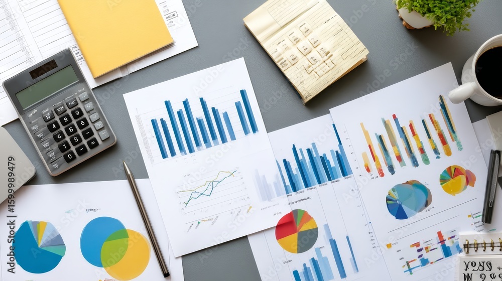 Poster dynamic financial analysis with colorful charts, bar graphs, and data reports on gray workspace, emp