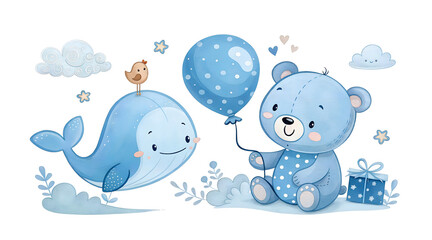 Naklejka premium blue teddy bear holding a balloon, a smiling whale with a bird, clouds, and decorative elements. Ideal for baby boy room decor, nursery prints, baby shower invitations, children's books, and birthday 