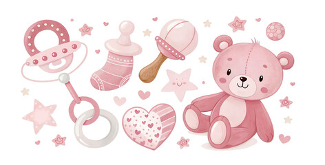 pink teddy bear, baby pacifiers, rattles, socks, stars, hearts, and soft baby toys. Perfect for baby shower cards, birth announcements, nursery wall prints, children’s books, and baby girl room decor