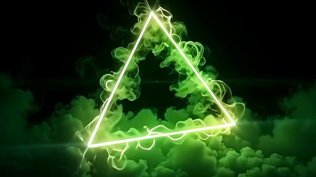 With a burst of electric energy, a floating noise hazy abstract triangle made of neon smoke spins rapidly, radiating pulsating light that shifts from deep blues to bright greens, while sharp