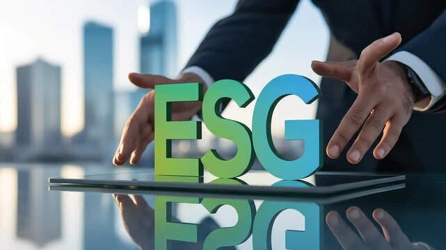 Huruf ESG terletak di atas tablet, dipantulkan pada permukaan kaca secara manual