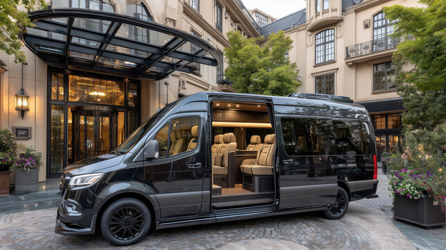 Luxury van with open doors reveals beige seats at hotel entrance, exuding elegance