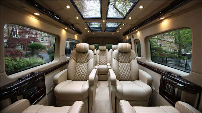 Luxurious van interior with beige seating, featuring plush leather chairs and ambient lighting, creating comfortable and elegant atmosphere