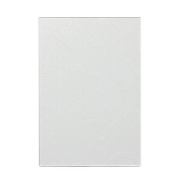 Perfectly flat transparent acetate sheet with etched geometric pattern, isolated on transparent background, strict top-down view, concept of precision material art