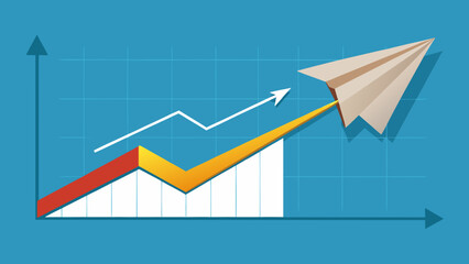 Paper plane flying upwards on a graph illustrating business growth and financial success concept image