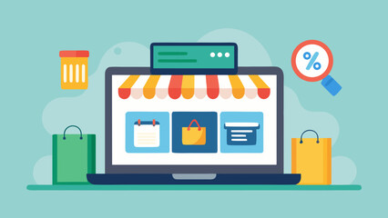 Illustration of an online shop on a laptop screen with bags and a discount search icon design