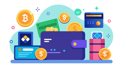 Illustration of a wallet surrounded by coins bitcoin and credit cards on a light blue background