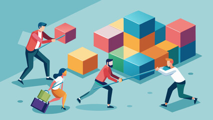 Teamwork concept illustration showing people moving cubes with poles and woman carrying shopping bags