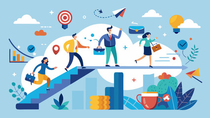 Illustration of business people climbing stairs and walking on a path towards success and goals