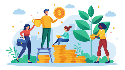 Illustration showing people growing money and holding coins and cups in a financial setting