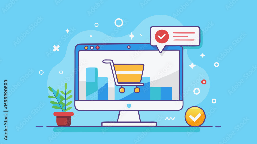 Poster computer screen displaying shopping cart and bar graph with check mark notification on a light blue 