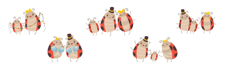 Cute Happy Ladybug Family with Cheerful Mother, Father and Their Baby Vector Set