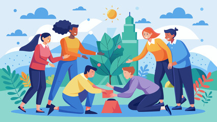 Illustration of diverse group of people planting a tree in a park on a sunny day with city view