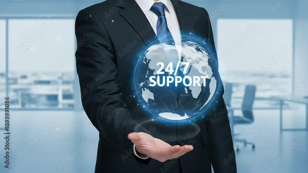 Aufkleber man holds globe displaying 24/7 support
