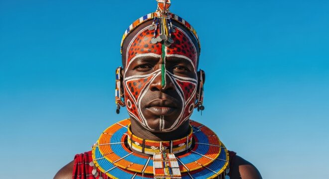 Striking frontal portrait of an African tribesman with elaborate red and white ceremonial face paint and a traditional beaded collar and headdress against a blue sky.