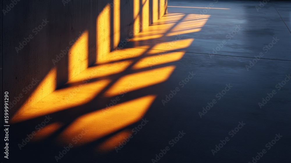 Poster golden hour light casts striking diagonal shadows from geometric window blinds onto smooth concrete 