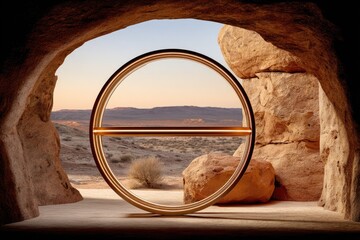 Circular golden frame in desert cave,  view through to distant mountains