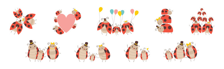 Cute Happy Ladybug Family with Cheerful Mother, Father and Their Baby Vector Set
