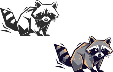 Two raccoon icons one, black silhouette and color icon, striped raccoon.