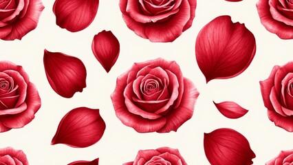 Red roses and leaves pattern on white background