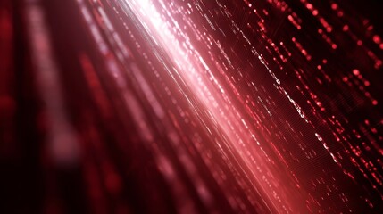 Futuristic red digital matrix grid with floating data particles and interface elements, diagonal wideangle shot evoking hightech innovation and digital connectivity, copy space on right side