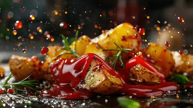 A close-up view of a plate of food covered in ketchup