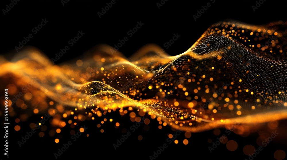 Poster abstract golden particle waves on a dark background.