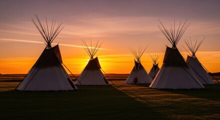 A village of traditional teepees from a First Nations tribe standing on the prairie, beautifully silhouetted by the warm light of a setting sun.
