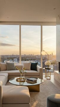 Luxurious modern living room with a stunning city view at sunset. Elegant apartment interior with large windows and contemporary furniture. High-rise penthouse with a scenic urban skyline.