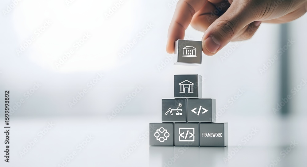 Poster hand stacking blocks with icons representing finance, technology, and data, building a foundation fo