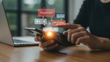 Person interacts with chat bubbles on a mobile phone screen - Powered by Adobe