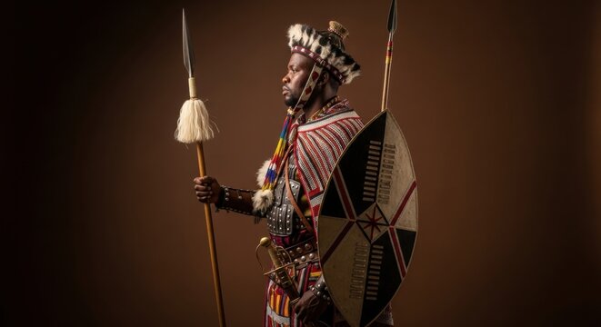 A proud Zulu king or warrior in profile, dressed in traditional ceremonial attire with a spear and shield, captured in a studio setting.