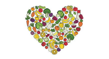 A heart shaped collage of fresh healthy fruits and vegetables promoting a nutritious lifestyle