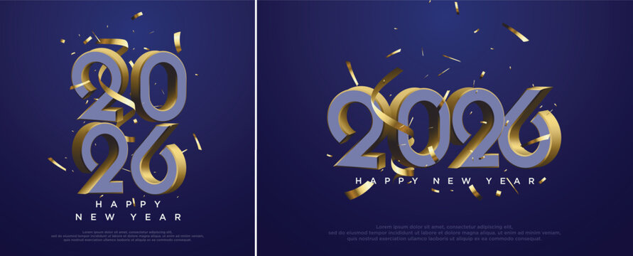 Two images of 2026 happy new year text with confetti on blue.