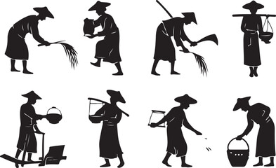 Farmers working with agricultural tools and baskets agriculture farming