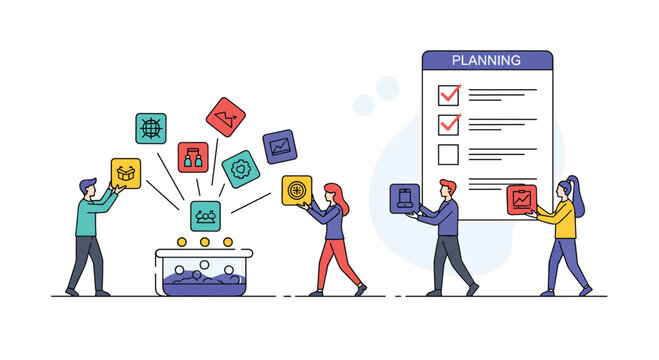 Creative team collaborating together building interactive digital applications project management business growth strategy