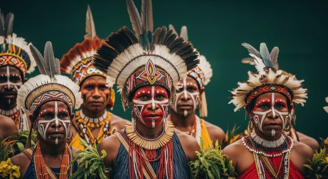 A gathering of proud warriors from a Papua New Guinea highland tribe, adorned in traditional feathered headdresses and striking ceremonial face paint.