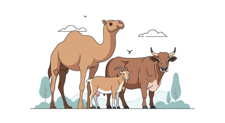 Fototapeta premium Diverse desert dwellers a camel a young deer and a large ox under a bright sky