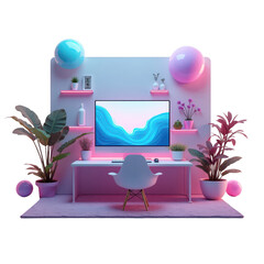 Neon-lit workspace with plants and a computer.