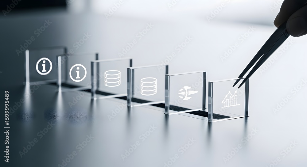 Poster a hand with tweezers carefully placing a transparent block with a process icon, symbolizing system b