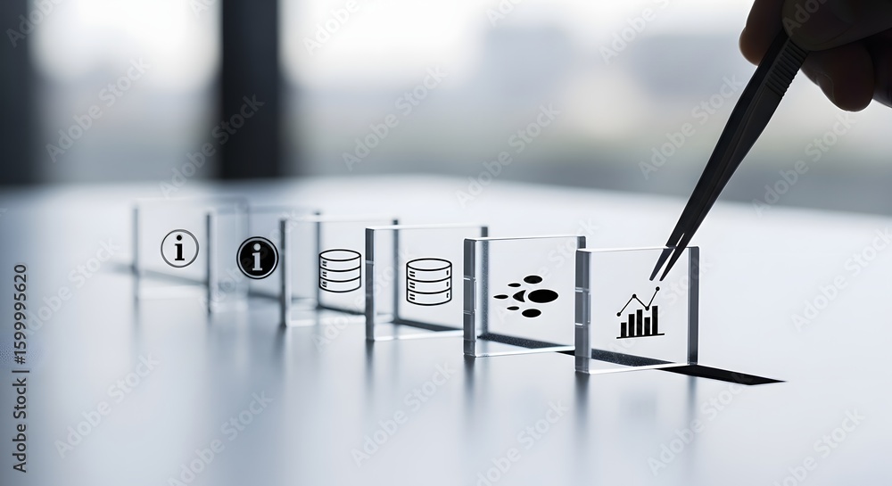 Poster data management and business intelligence concept. hand with tweezers arranging icons for informatio