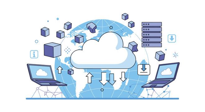 Global cloud computing services data transfer and storage network architecture illustrating internet technology solutions and digital information exchange