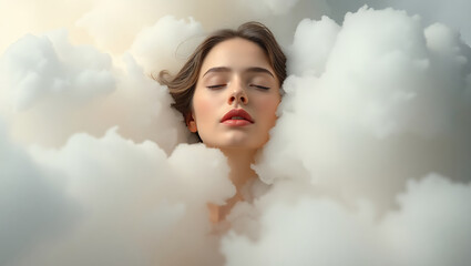 Serene woman resting peacefully among soft white clouds