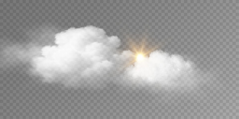 Realistic fluffy clouds with fog and sunburst effect on transparent background. Atmospheric scene evoking daylight, sky clarity, and nature calmness. Weather visuals elements. Vector illustration.