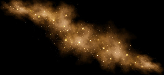 Golden glowing star dust trail with sparkling particles and soft light fog on black background. Abstract cosmic nebula path or magic fairy glitter smoke for fantasy scenes. Vector illustration.