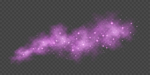 Magical purple glittering cloud with glowing dust and stars. Soft fairy smoke on transparent background. Stardust effect. Festive glitter lights for holiday or fantasy design. Vector illustration.