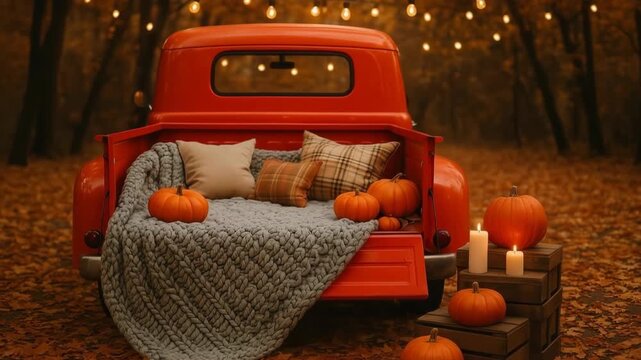 A vintage orange pickup truck with cozy blankets and pumpkins in the bed, surrounded by fall leaves and warm lighting, creates a festive fall atmosphere for seasonal gatherings. Thanksgiving