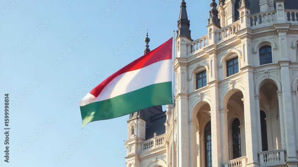 Poster a large flag flying in front of a building