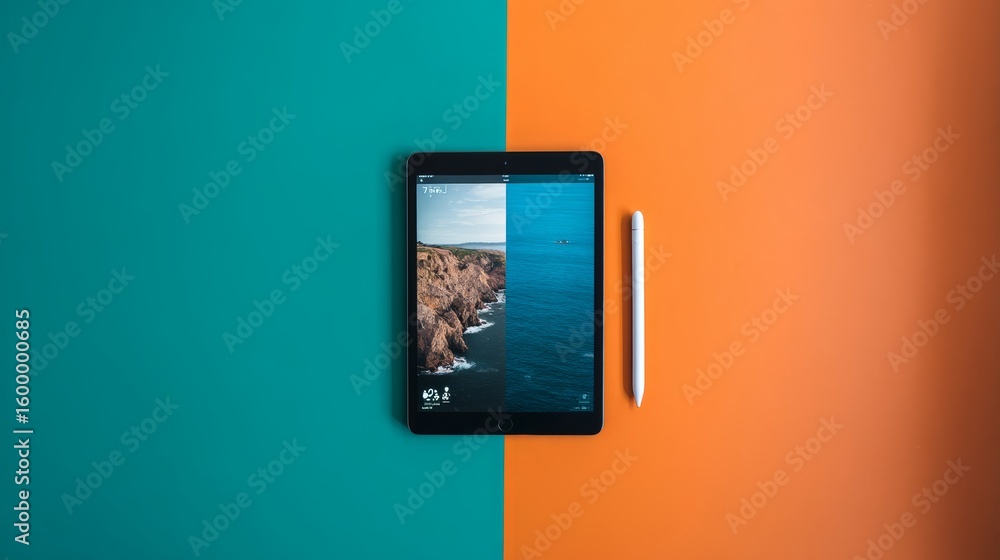 Poster medium shot of a tablet with landscape display and stylus on vibrant teal and orange gradient backgr
