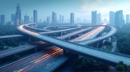 Fototapeta premium A sprawling, illuminated highway interchange in a modern city at dusk, with streaks of light from moving vehicles creating a dynamic, futuristic urban landscape.